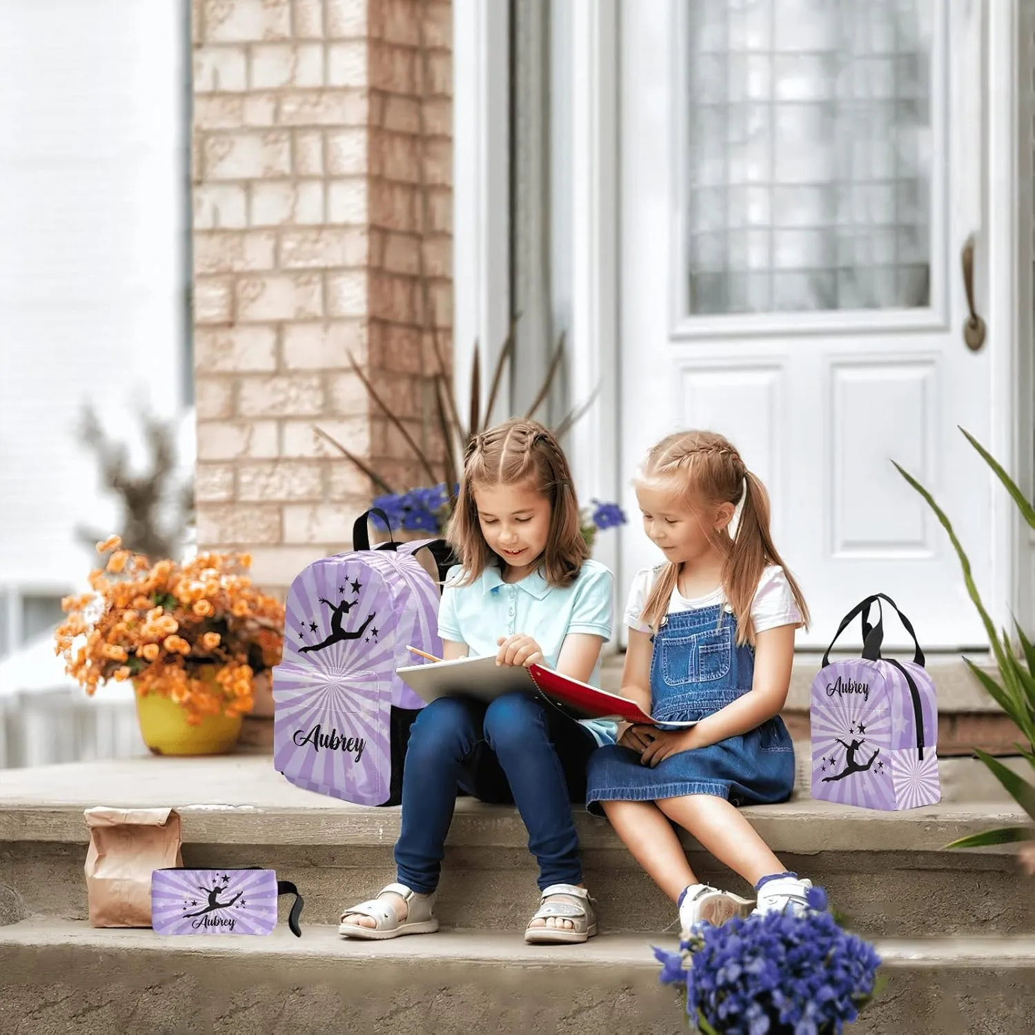 Gymnastic Star Purple Personalized Backpack Set for Teen Boys Girls with Lunch Box & Pencil Pouch Bag Travel Backpack