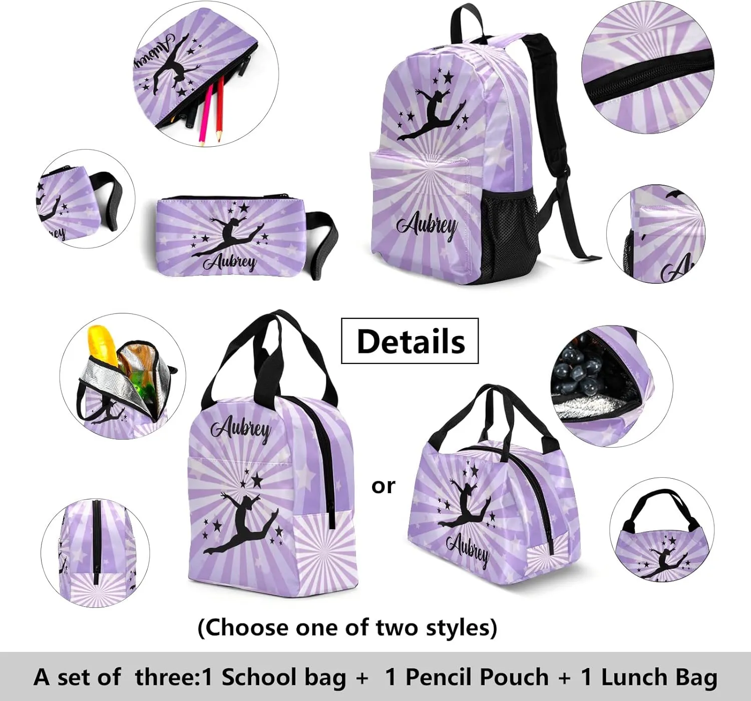 Gymnastic Star Purple Personalized Backpack Set for Teen Boys Girls with Lunch Box & Pencil Pouch Bag Travel Backpack