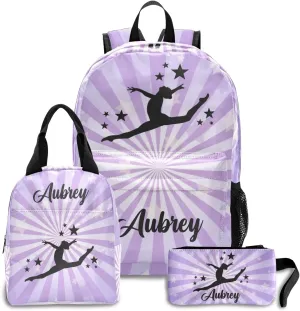 Gymnastic Star Purple Personalized Backpack Set for Teen Boys Girls with Lunch Box & Pencil Pouch Bag Travel Backpack