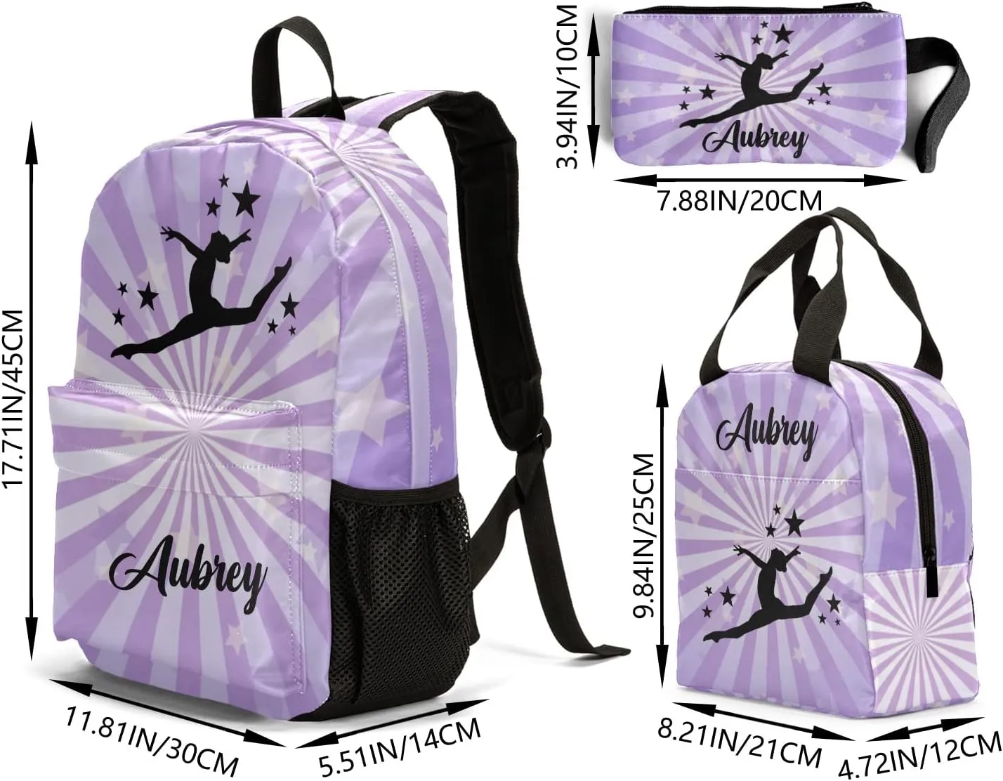 Gymnastic Star Purple Personalized Backpack Set for Teen Boys Girls with Lunch Box & Pencil Pouch Bag Travel Backpack
