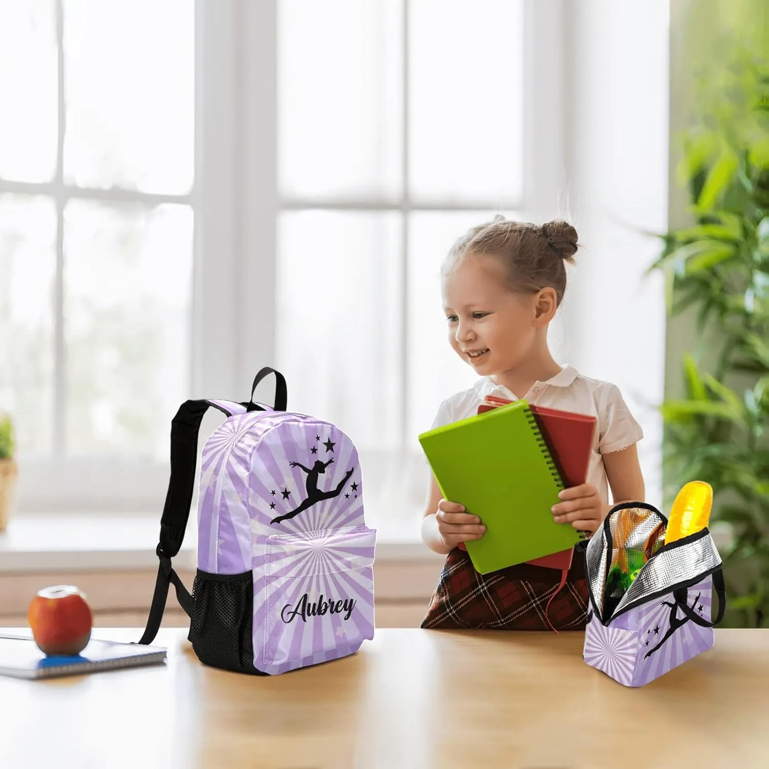 Gymnastic Star Purple Personalized Backpack Set for Teen Boys Girls with Lunch Box & Pencil Pouch Bag Travel Backpack