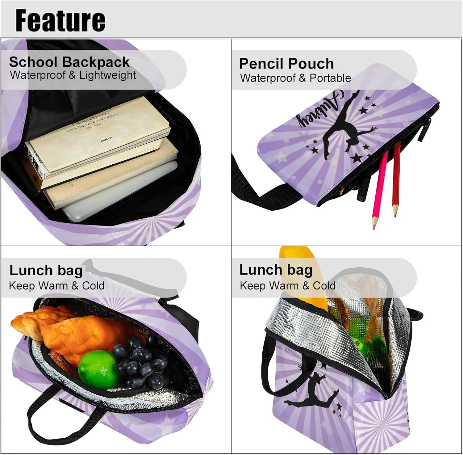 Gymnastic Star Purple Personalized Backpack Set for Teen Boys Girls with Lunch Box & Pencil Pouch Bag Travel Backpack