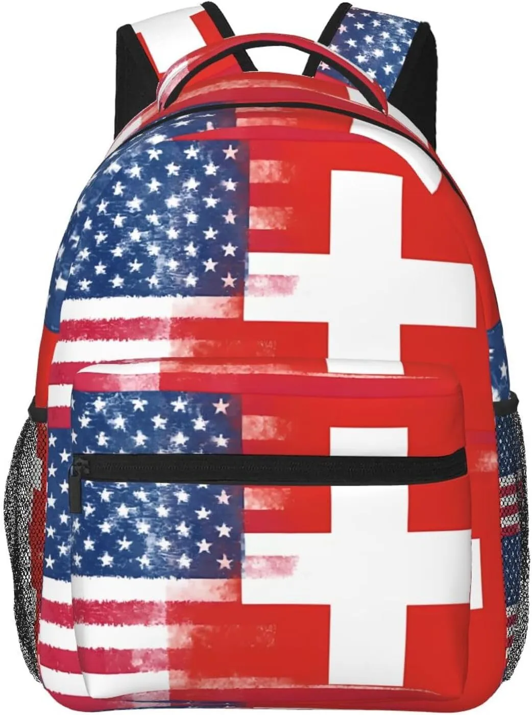 Half Switzerland Swiss Half American Flag Backpack Casual Pack Bag Laptop Backpack With Side Pocket Front Zipper Pocket Bookpack Travel Daypack Picnic Rucksack