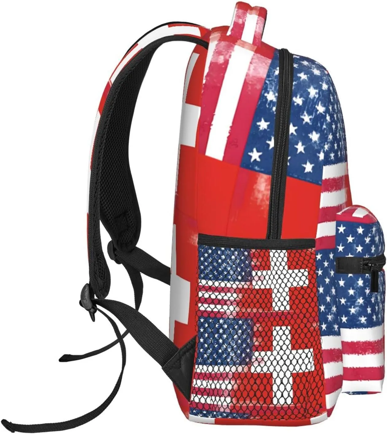 Half Switzerland Swiss Half American Flag Backpack Casual Pack Bag Laptop Backpack With Side Pocket Front Zipper Pocket Bookpack Travel Daypack Picnic Rucksack