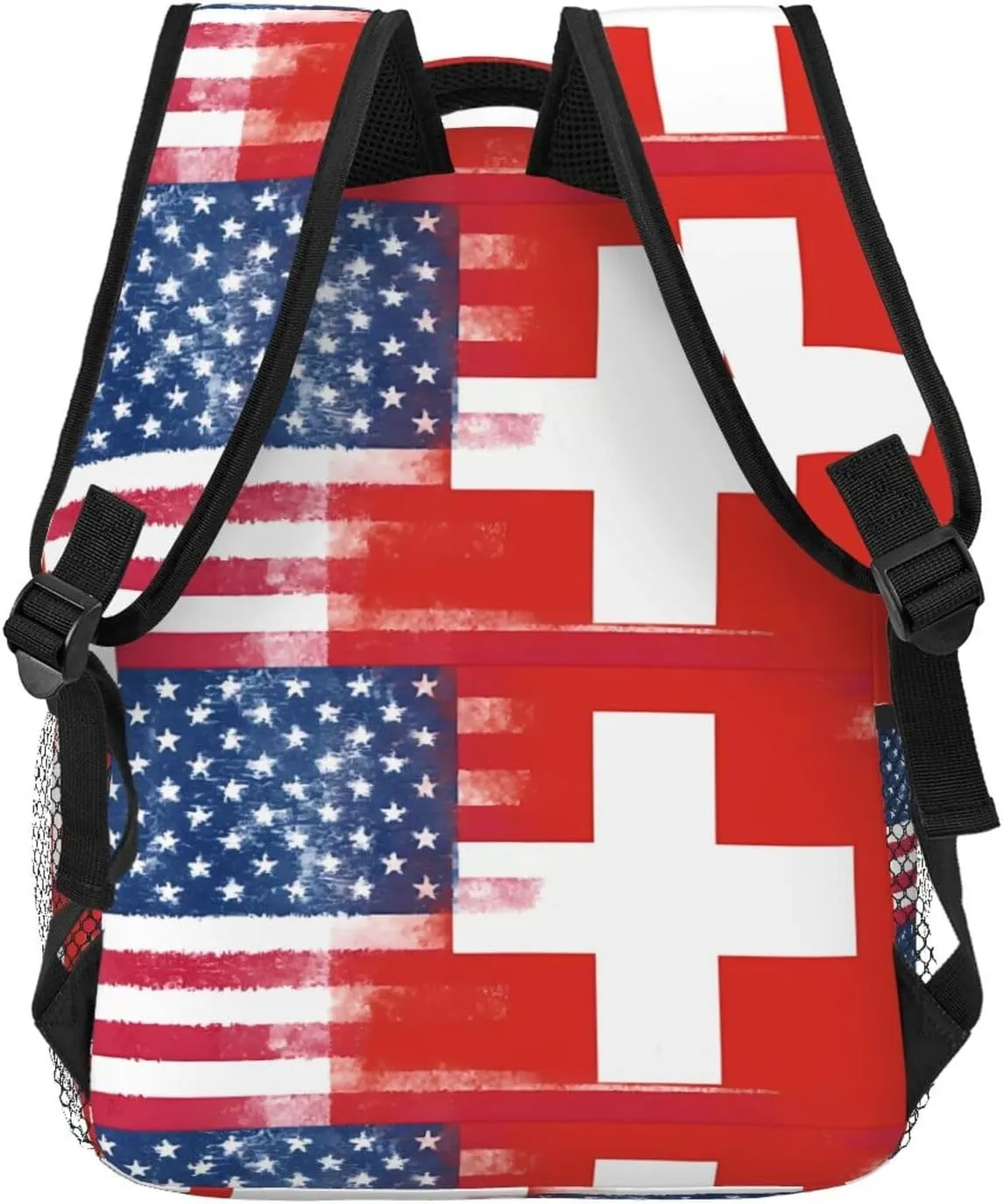Half Switzerland Swiss Half American Flag Backpack Casual Pack Bag Laptop Backpack With Side Pocket Front Zipper Pocket Bookpack Travel Daypack Picnic Rucksack