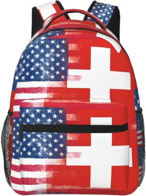 Half Switzerland Swiss Half American Flag Backpack Casual Pack Bag Laptop Backpack With Side Pocket Front Zipper Pocket Bookpack Travel Daypack Picnic Rucksack