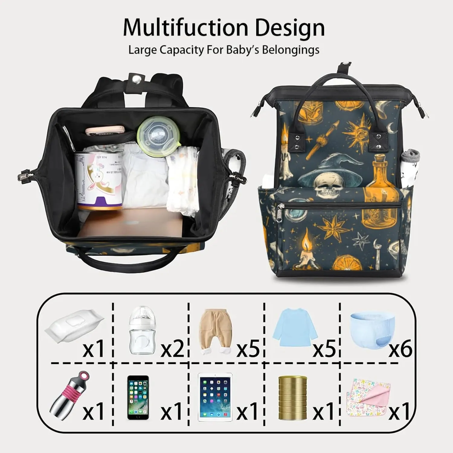 Halloween Skull Waterproof Diaper Bag Backpack Large Capacity Baby Bag with Stroller Straps, Multi-Pocket Diaper Bag Unisex Baby Travel Essentials Shower Gift