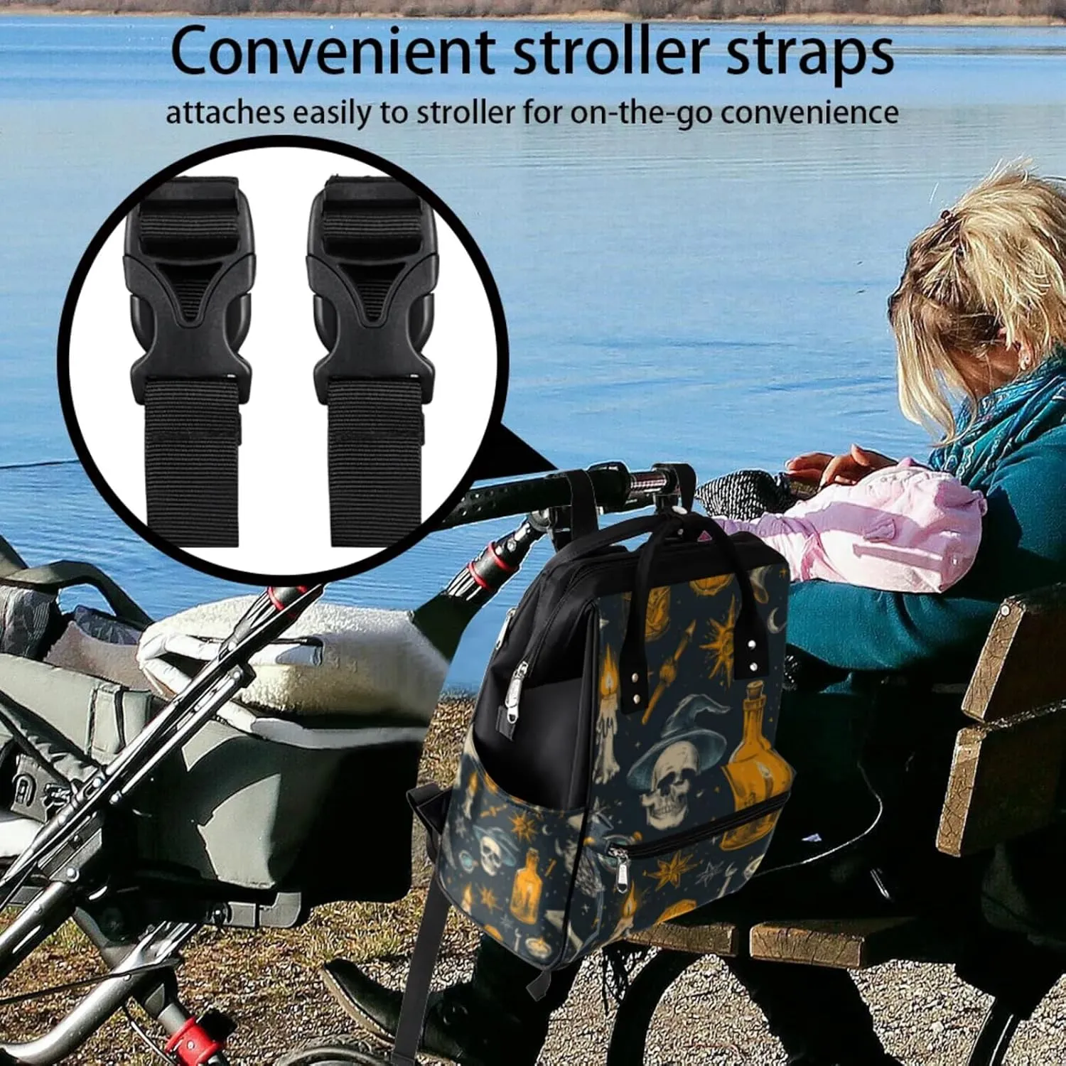 Halloween Skull Waterproof Diaper Bag Backpack Large Capacity Baby Bag with Stroller Straps, Multi-Pocket Diaper Bag Unisex Baby Travel Essentials Shower Gift