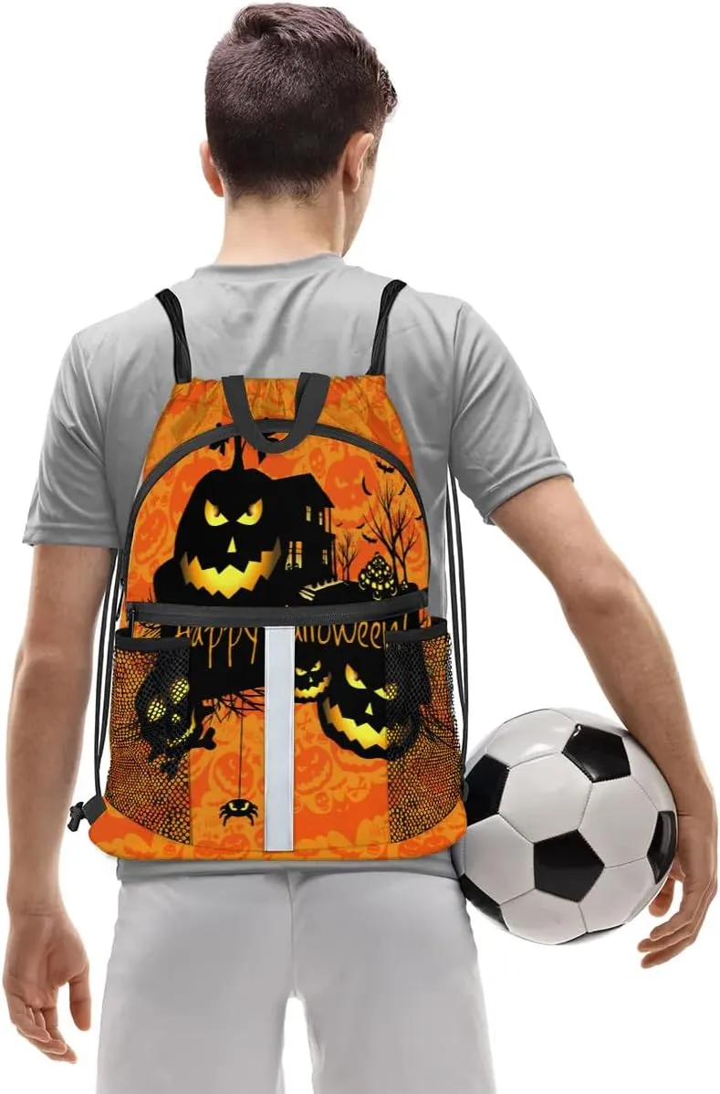 Halloween Theme Drawstring Backpack Sports Gym Bag for Men Women Draw String Polyester Sackpack Reflective String Bags Cinch Bag with Zipper Pockets and Mesh Pockets