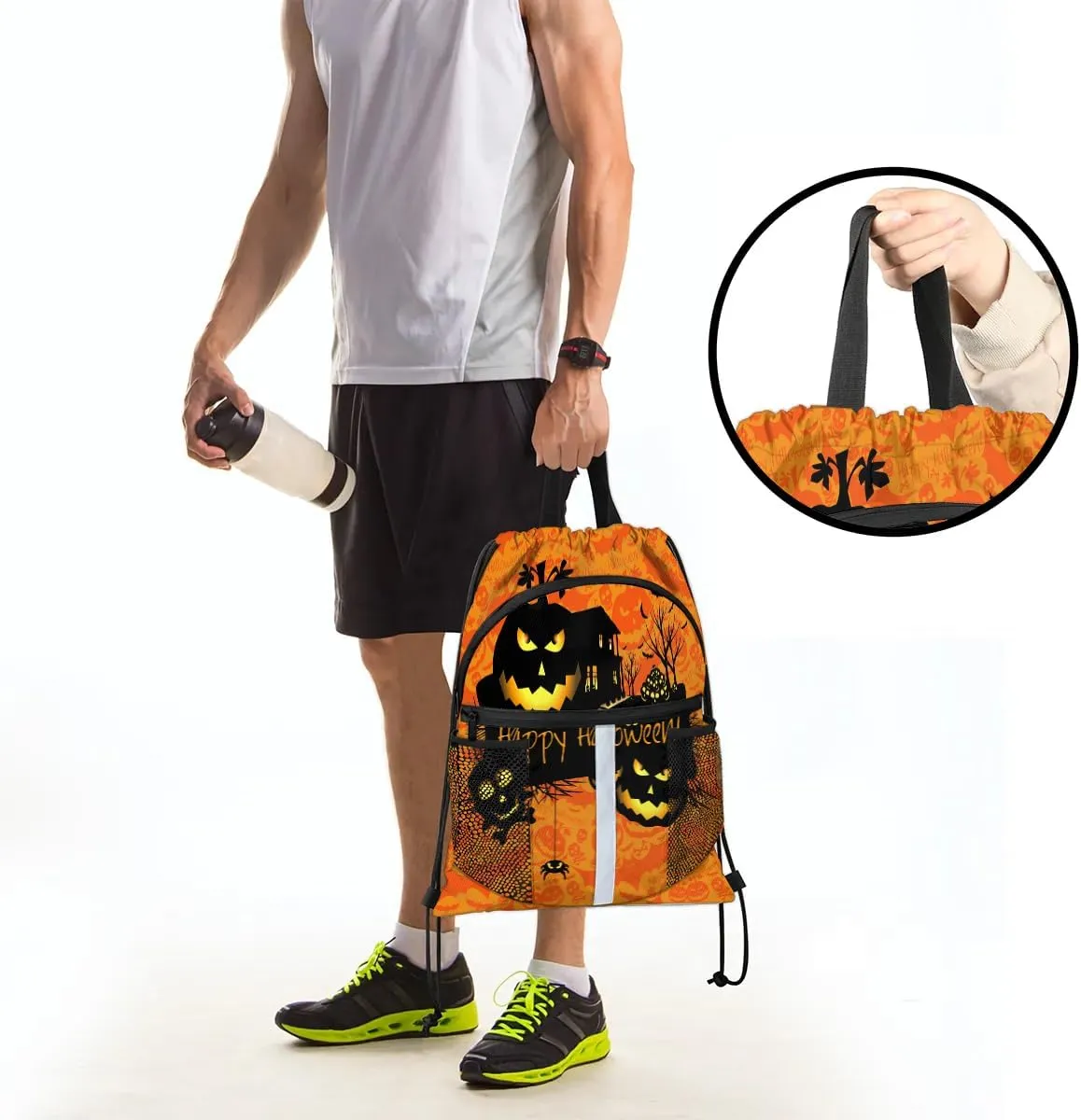 Halloween Theme Drawstring Backpack Sports Gym Bag for Men Women Draw String Polyester Sackpack Reflective String Bags Cinch Bag with Zipper Pockets and Mesh Pockets