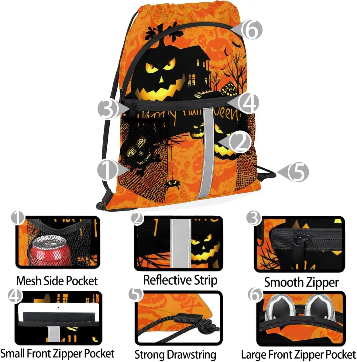 Halloween Theme Drawstring Backpack Sports Gym Bag for Men Women Draw String Polyester Sackpack Reflective String Bags Cinch Bag with Zipper Pockets and Mesh Pockets