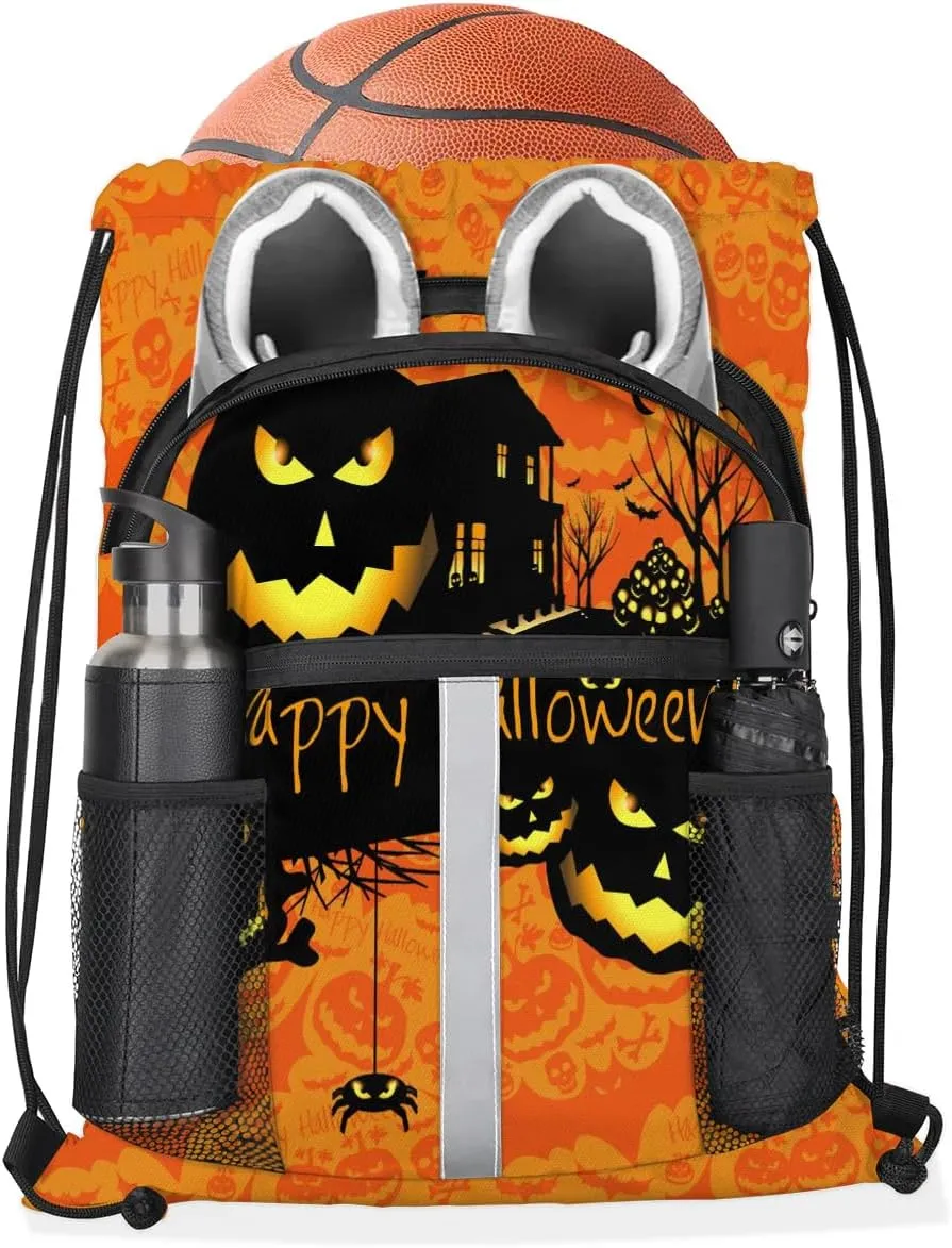 Halloween Theme Drawstring Backpack Sports Gym Bag for Men Women Draw String Polyester Sackpack Reflective String Bags Cinch Bag with Zipper Pockets and Mesh Pockets
