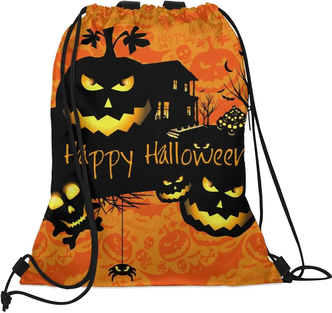 Halloween Theme Drawstring Backpack Sports Gym Bag for Men Women Draw String Polyester Sackpack Reflective String Bags Cinch Bag with Zipper Pockets and Mesh Pockets