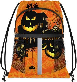 Halloween Theme Drawstring Backpack Sports Gym Bag for Men Women Draw String Polyester Sackpack Reflective String Bags Cinch Bag with Zipper Pockets and Mesh Pockets