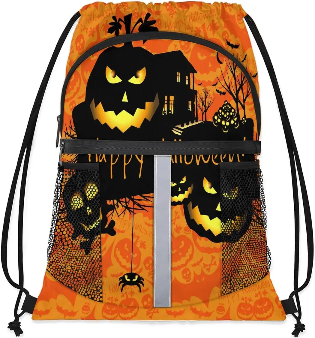 Halloween Theme Drawstring Backpack Sports Gym Bag for Men Women Draw String Polyester Sackpack Reflective String Bags Cinch Bag with Zipper Pockets and Mesh Pockets
