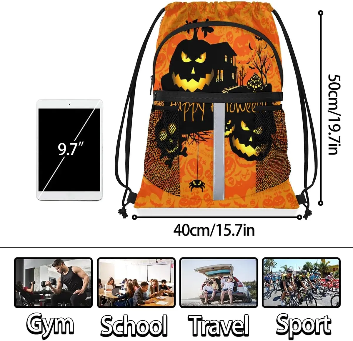Halloween Theme Drawstring Backpack Sports Gym Bag for Men Women Draw String Polyester Sackpack Reflective String Bags Cinch Bag with Zipper Pockets and Mesh Pockets