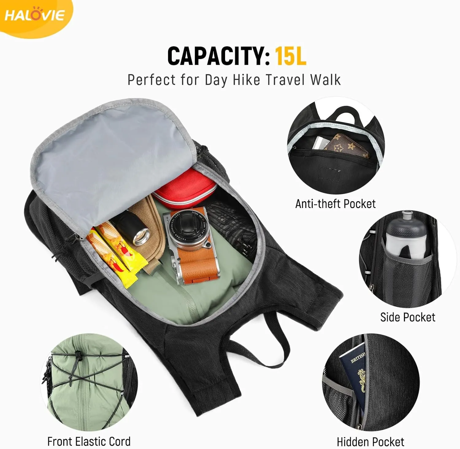 HALOVIE 15L Foldable Hiking Backpack Lightweight Travel Daypack Shoulder Pocket with Chest Strap Small Packable Pack for Walking Women Men (Black)