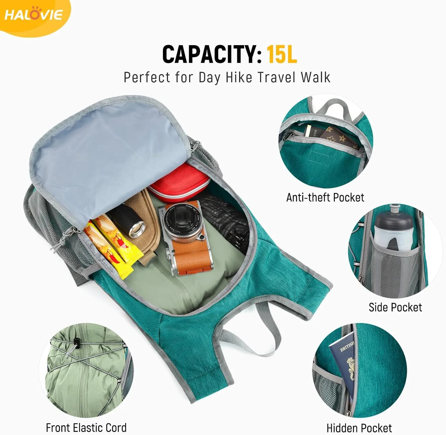 HALOVIE 15L Foldable Hiking Backpack Lightweight Travel Daypack Shoulder Pocket with Chest Strap Small Packable Pack for Walking Women Men (Cyan)