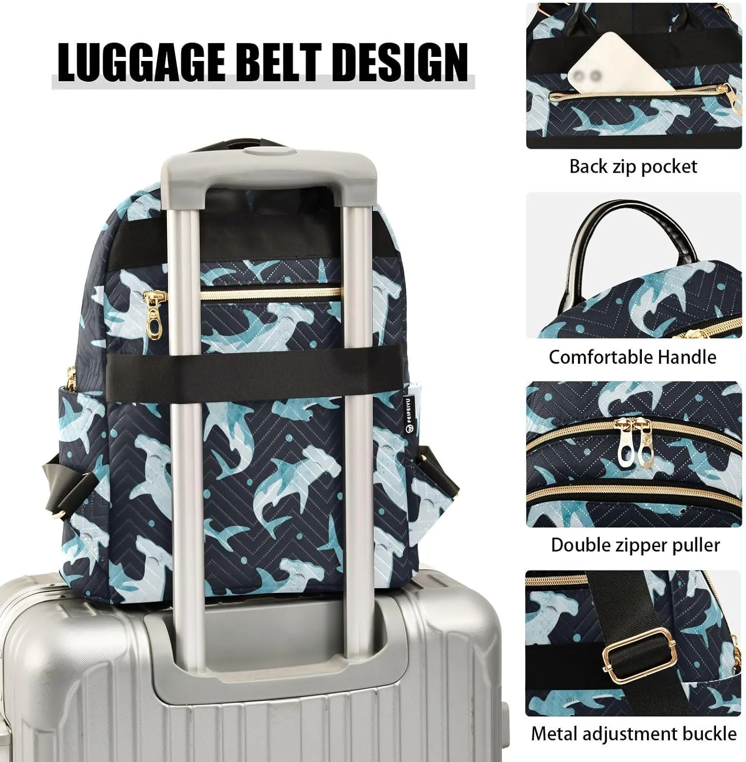 Hammerhead Shark Mini Backpack for Women, Travel Backpack Purse Daypack Shoulder Bag for Ladies