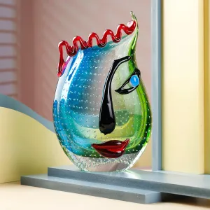 Hand Blown Art Glass Vase with face Art,Murano Glass Style,Multi-Colored