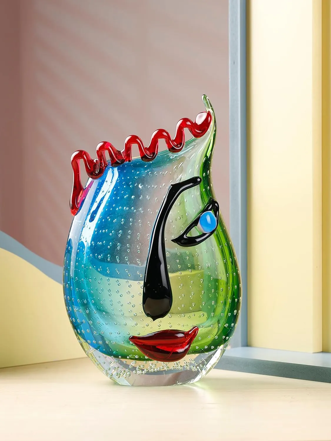 Hand Blown Art Glass Vase with face Art,Murano Glass Style,Multi-Colored