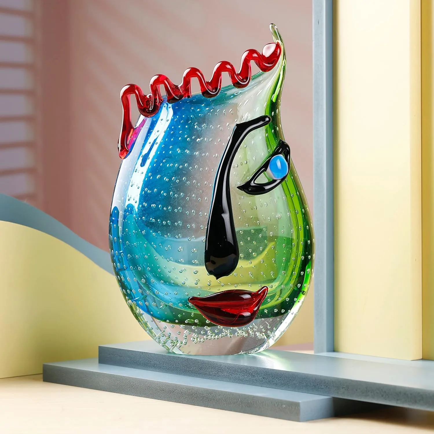 Hand Blown Art Glass Vase with face Art,Murano Glass Style,Multi-Colored