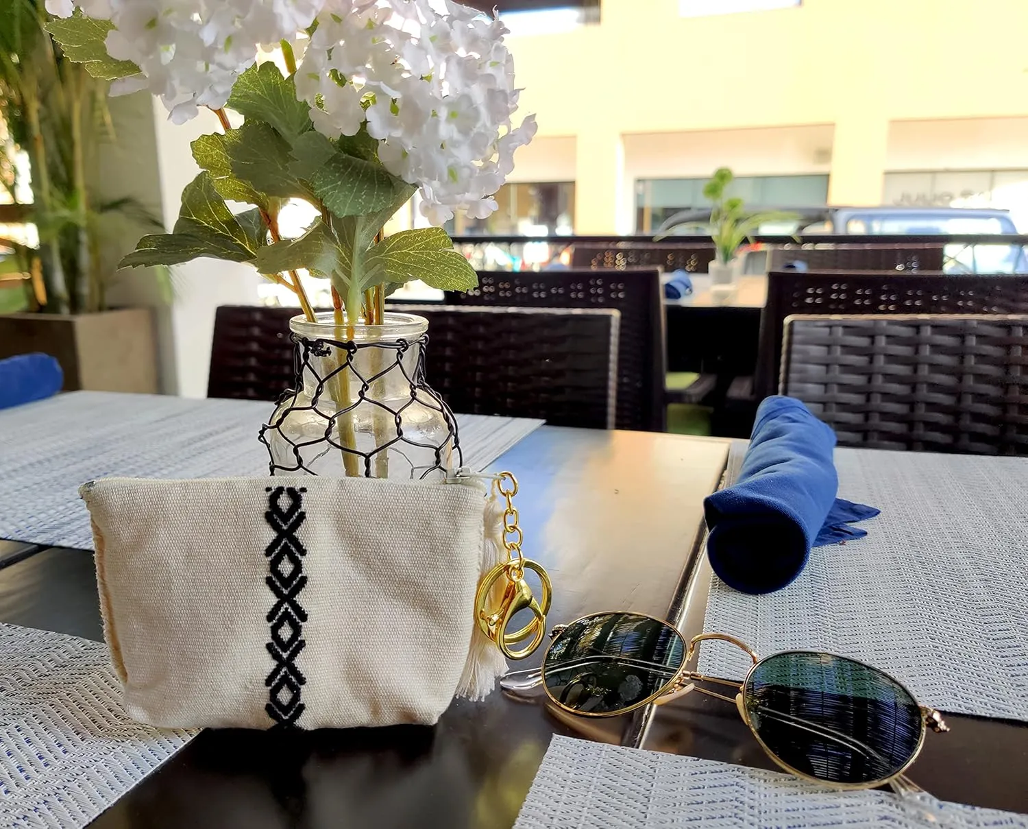 Handmade Sustainable Coin purse Eco friendly Cotton strings Change wallet inside padded pouch with keychain and tassel (Beige Nichim)