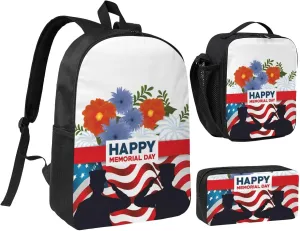 Happy Memorial Day 2025 Remember&Honor Backpack Set Lightweight Laptop Backpack Lunch Bag with Pencil Case for Women Men Travel Work