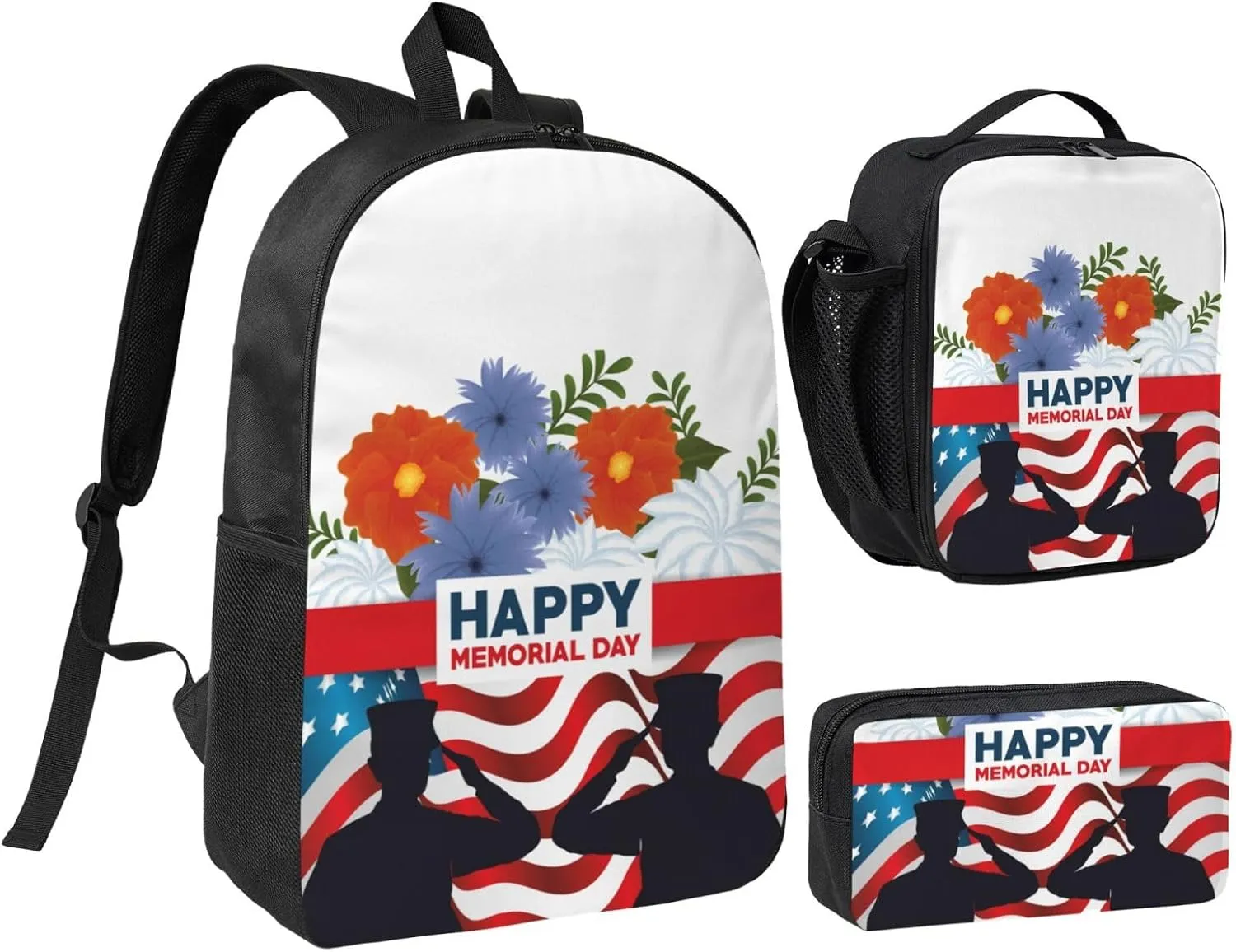 Happy Memorial Day 2025 Remember&Honor Backpack Set Lightweight Laptop Backpack Lunch Bag with Pencil Case for Women Men Travel Work