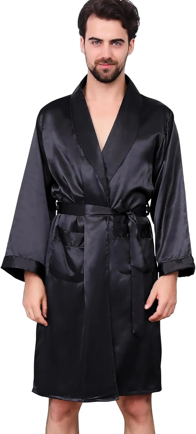 Haseil Men's Satin Robe Dragon Luxurious Silk Spa Long Sleeve House Kimono Bathrobe