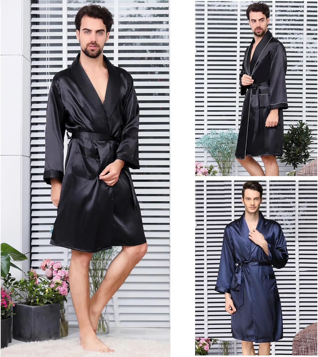 Haseil Men's Satin Robe Dragon Luxurious Silk Spa Long Sleeve House Kimono Bathrobe