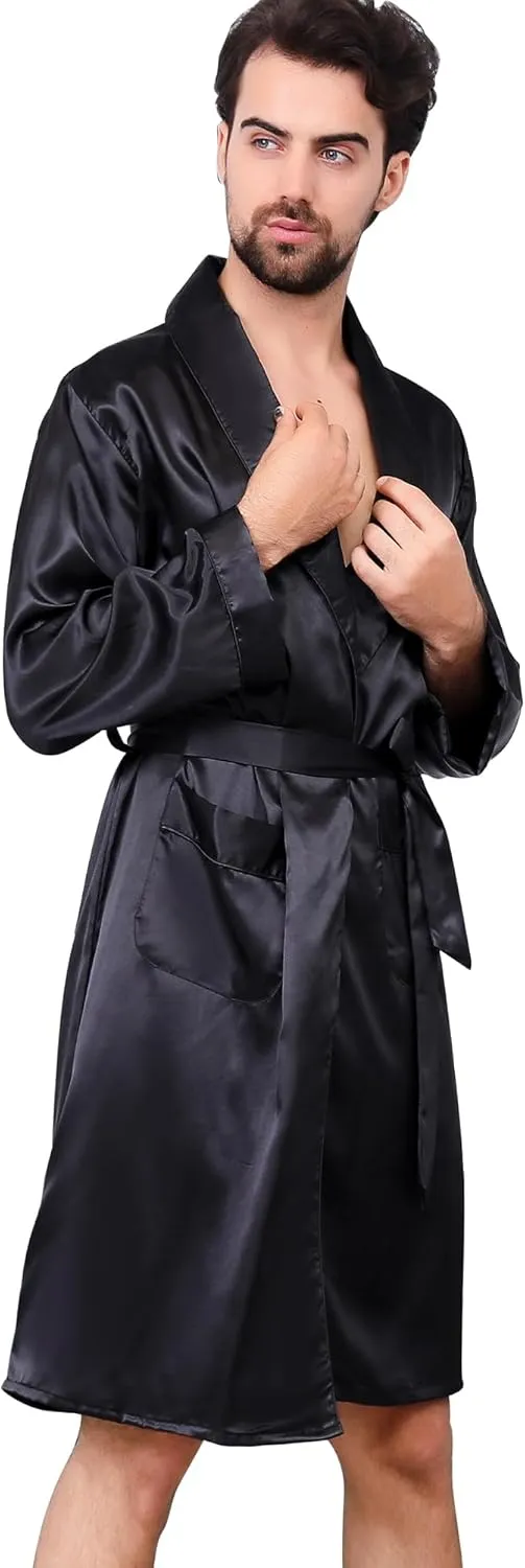 Haseil Men's Satin Robe Dragon Luxurious Silk Spa Long Sleeve House Kimono Bathrobe