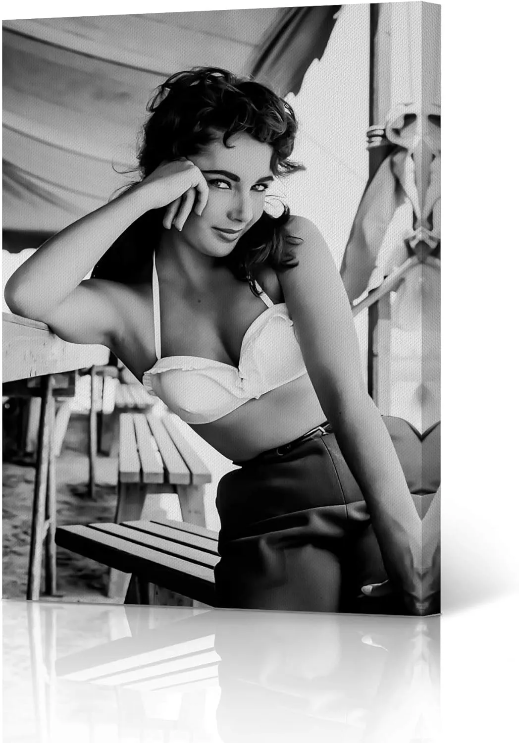 HB Art Design Sexy Actress Elizabeth Taylor Poses with Bikini Black and White Canvas Wall Art Print British American Icon Artwork Living Room Bedroom Decor Home Decor Made in USA 12x8