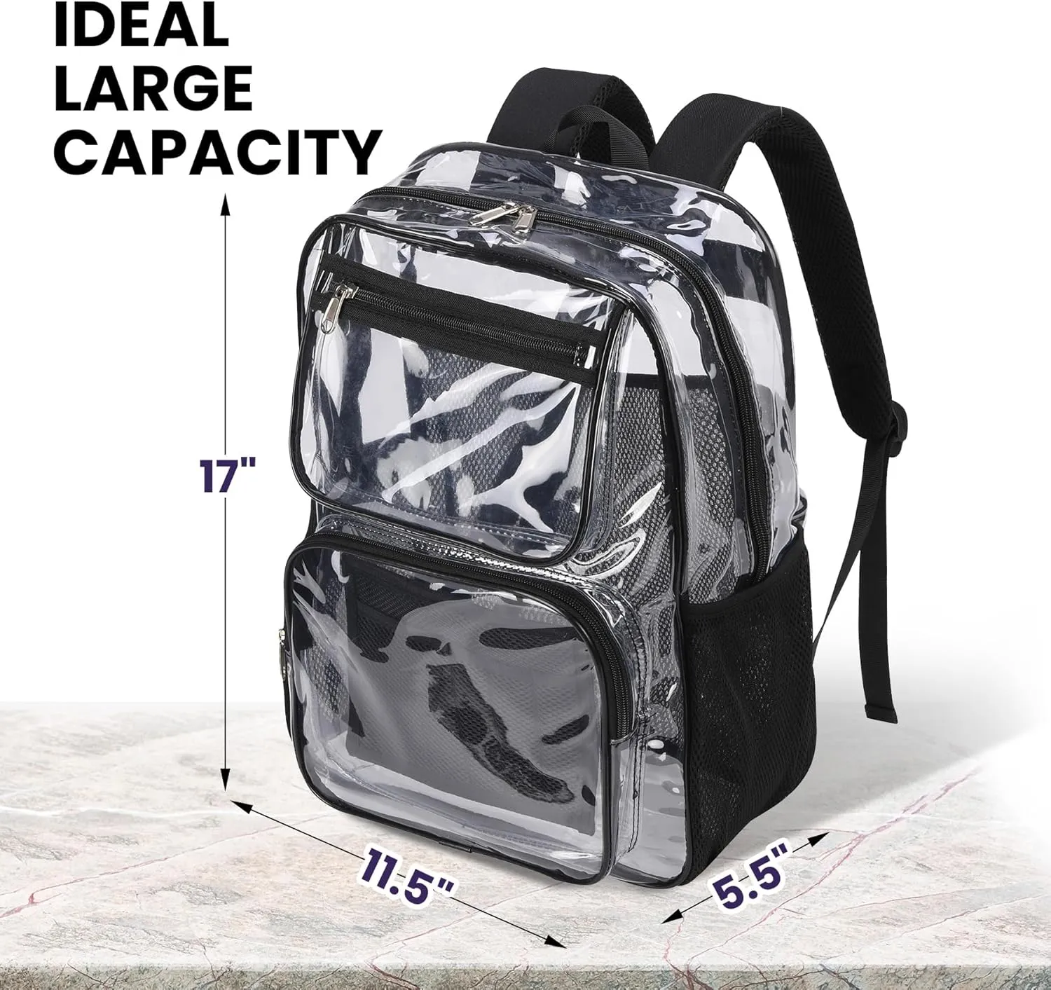 Heavy Duty Clear Bookbag for School or Stadium Events - Black Transparent Plastic See-Through Backpack Black