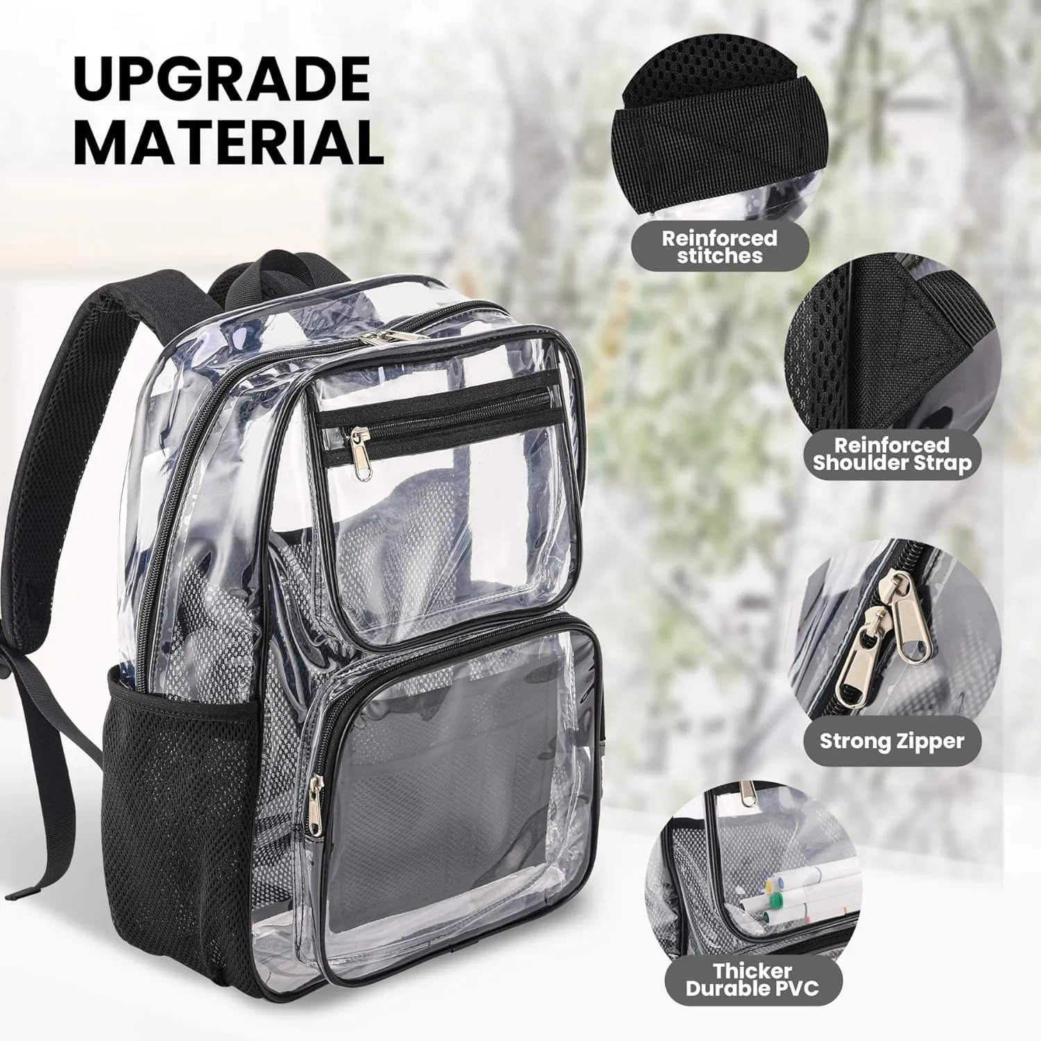Heavy Duty Clear Bookbag for School or Stadium Events - Black Transparent Plastic See-Through Backpack Black