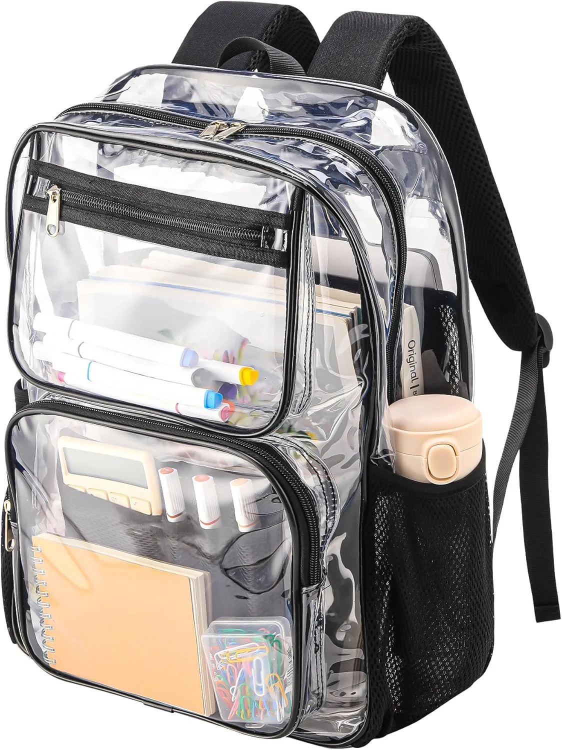 Heavy Duty Clear Bookbag for School or Stadium Events - Black Transparent Plastic See-Through Backpack Black