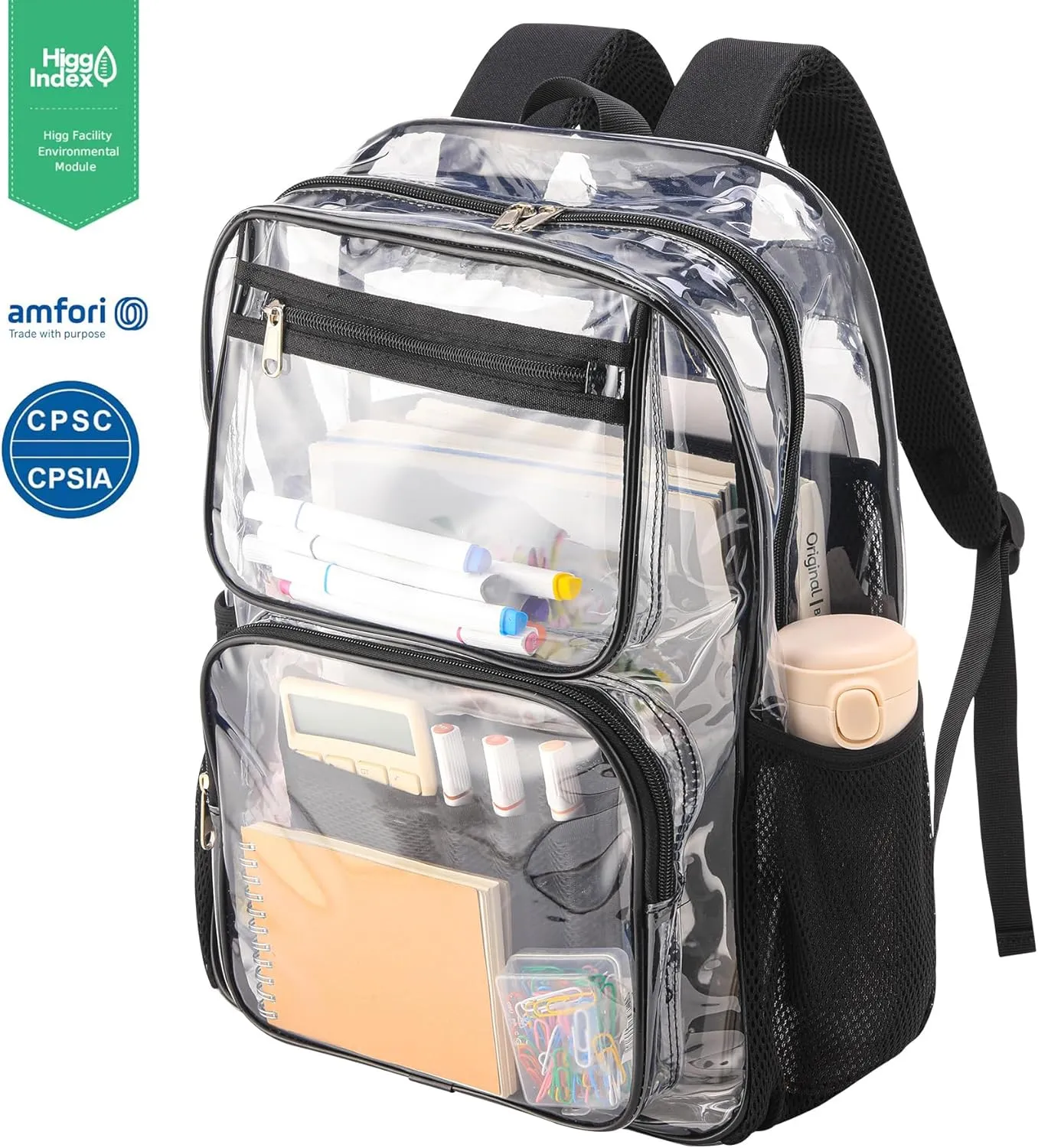 Heavy Duty Clear Bookbag for School or Stadium Events - Black Transparent Plastic See-Through Backpack Black