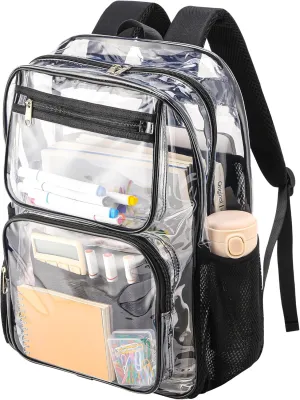 Heavy Duty Clear Bookbag for School or Stadium Events - Black Transparent Plastic See-Through Backpack Black