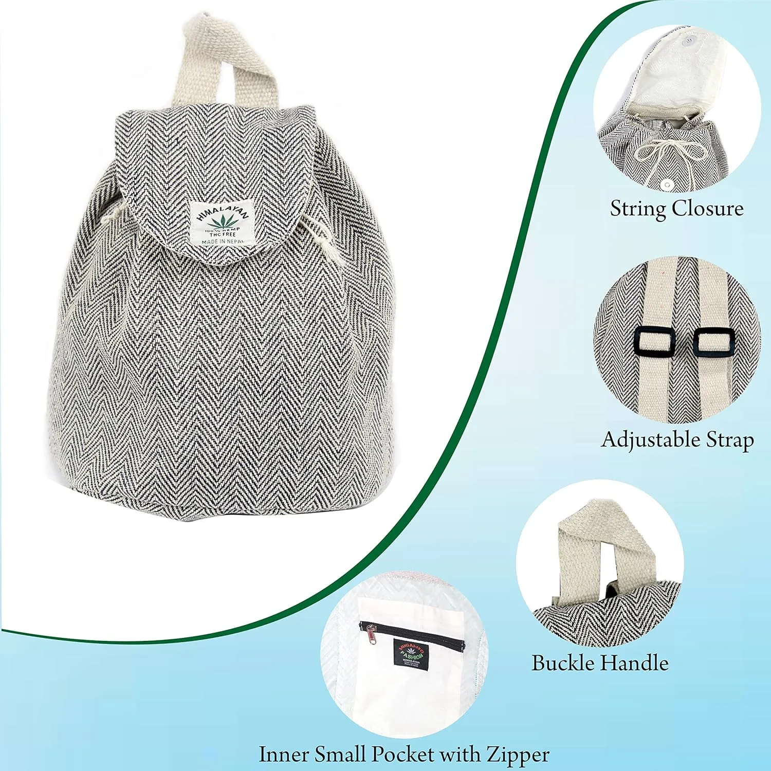 Hemp small bag for women Light Weight Adjustable strap string closure cute backpack Bag for travel casual daypack (Grey)