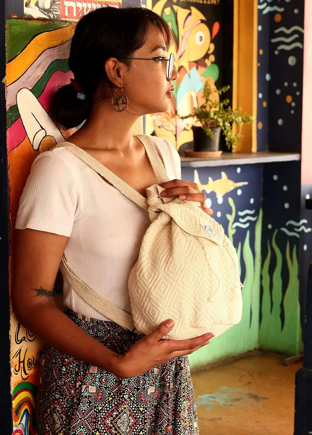 Hemp small bag for women Light Weight Adjustable strap string closure cute backpack Bag for travel casual daypack (Ivory)