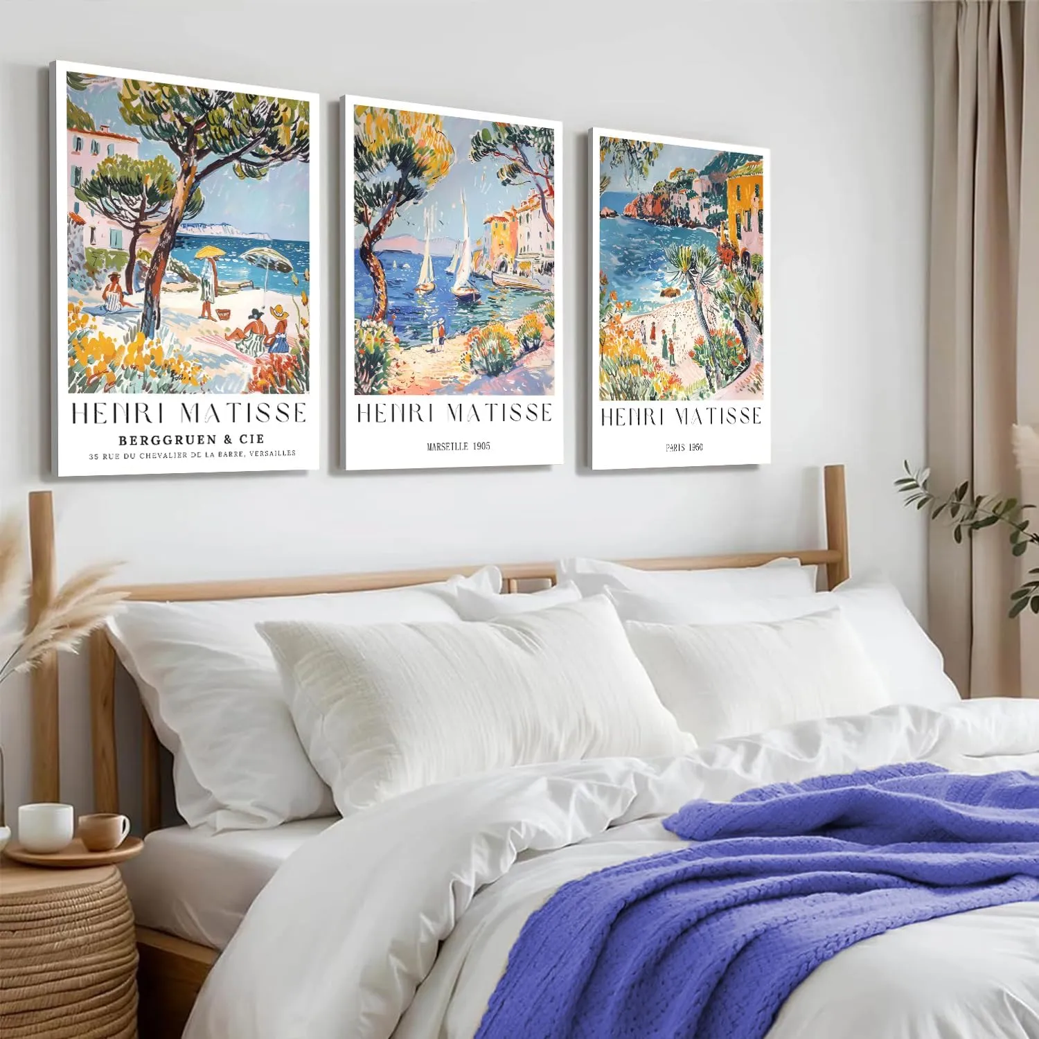 Henri Matisse Wall Art Set of 3, Beach Travel Wall Decor Paintings, Amalfi Coast Poster Canvas Prints Aesthetic Pictures for Bedroom Living Room 12x16 inch Framed