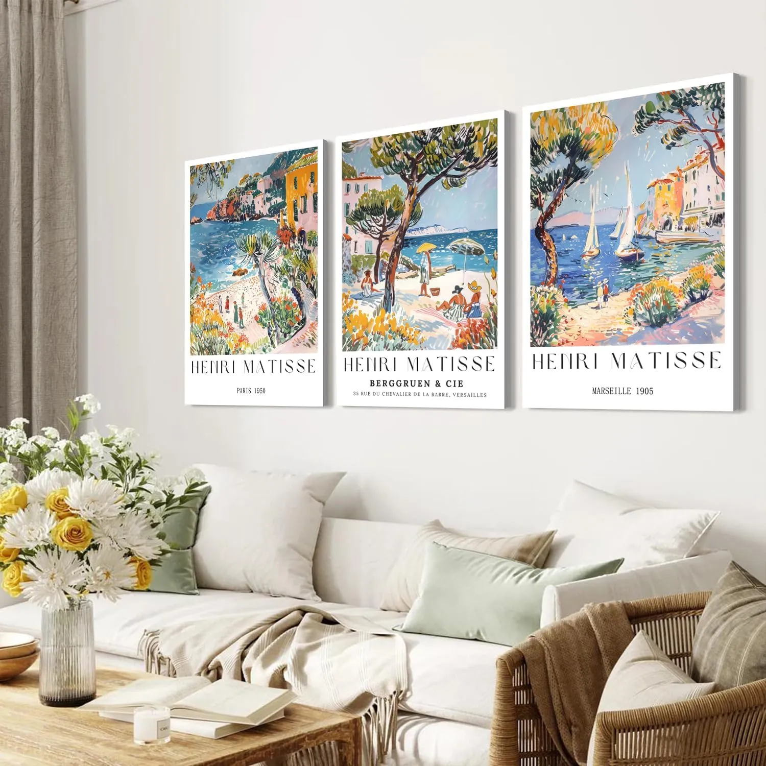 Henri Matisse Wall Art Set of 3, Beach Travel Wall Decor Paintings, Amalfi Coast Poster Canvas Prints Aesthetic Pictures for Bedroom Living Room 12x16 inch Framed