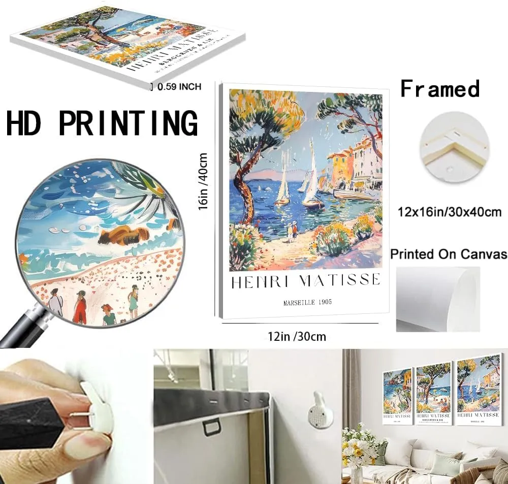 Henri Matisse Wall Art Set of 3, Beach Travel Wall Decor Paintings, Amalfi Coast Poster Canvas Prints Aesthetic Pictures for Bedroom Living Room 12x16 inch Framed