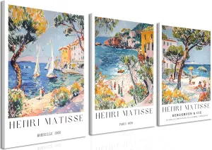 Henri Matisse Wall Art Set of 3, Beach Travel Wall Decor Paintings, Amalfi Coast Poster Canvas Prints Aesthetic Pictures for Bedroom Living Room 12x16 inch Framed