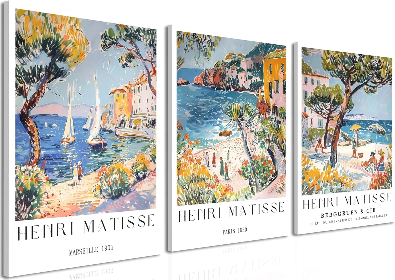 Henri Matisse Wall Art Set of 3, Beach Travel Wall Decor Paintings, Amalfi Coast Poster Canvas Prints Aesthetic Pictures for Bedroom Living Room 12x16 inch Framed