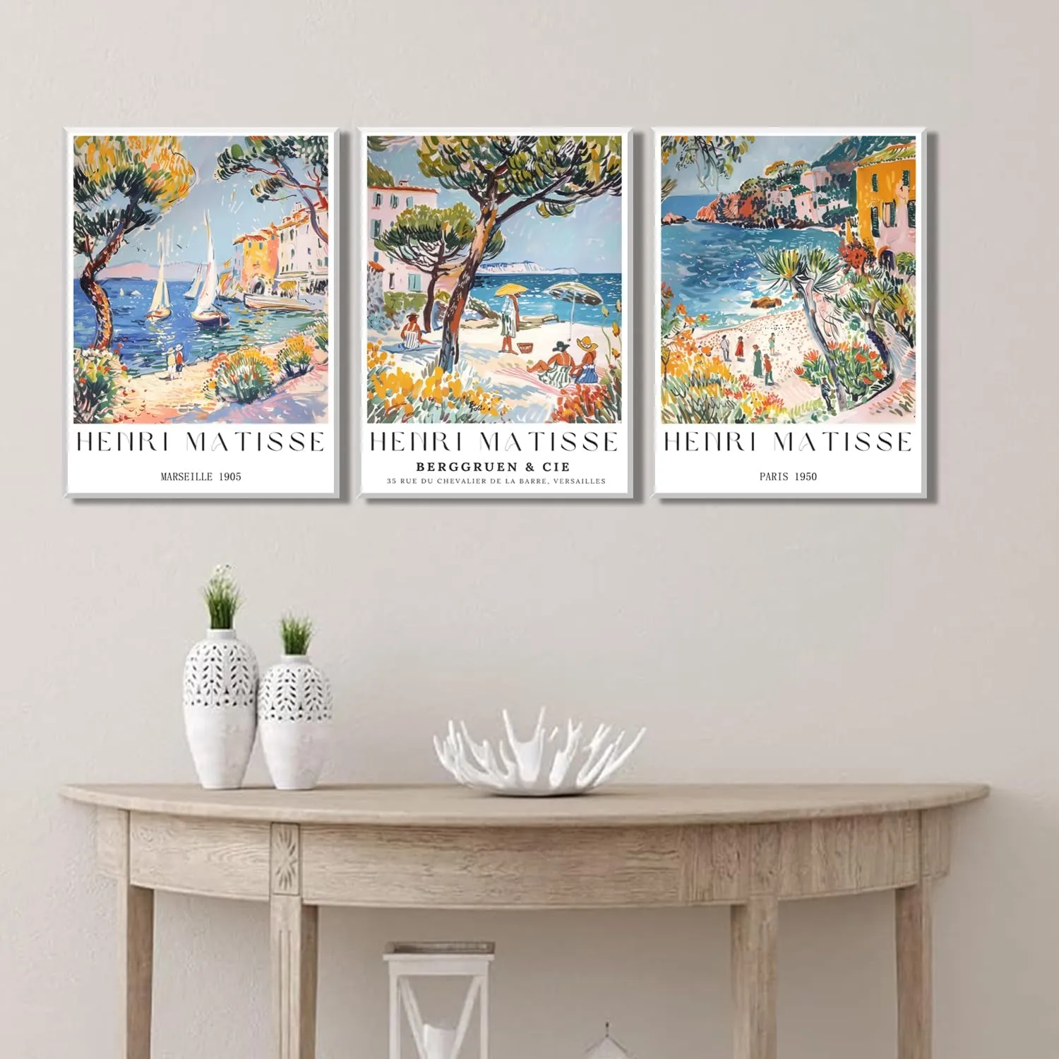 Henri Matisse Wall Art Set of 3, Beach Travel Wall Decor Paintings, Amalfi Coast Poster Canvas Prints Aesthetic Pictures for Bedroom Living Room 12x16 inch Framed