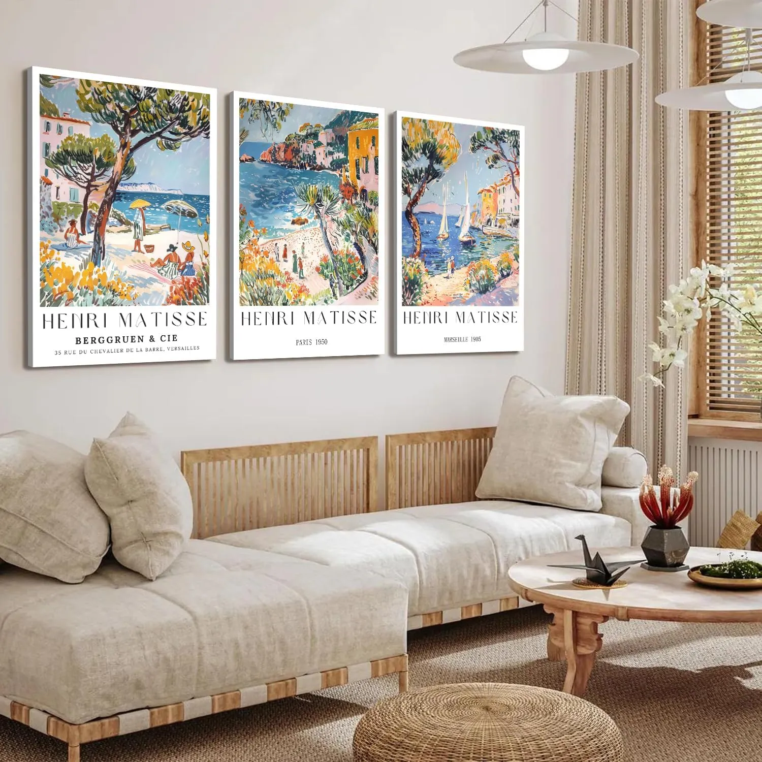 Henri Matisse Wall Art Set of 3, Beach Travel Wall Decor Paintings, Amalfi Coast Poster Canvas Prints Aesthetic Pictures for Bedroom Living Room 12x16 inch Framed