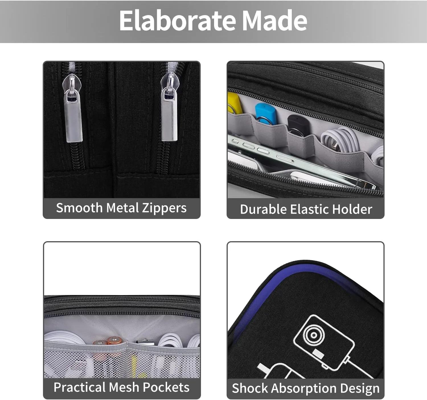 HESTECH Electronics Organizer Travel Charger Case Cord Cable Organizer Bag Portable Waterproof Double Layers All-in-one Storage for Charger Mouse Earbud USB Drive (Black, Medium)