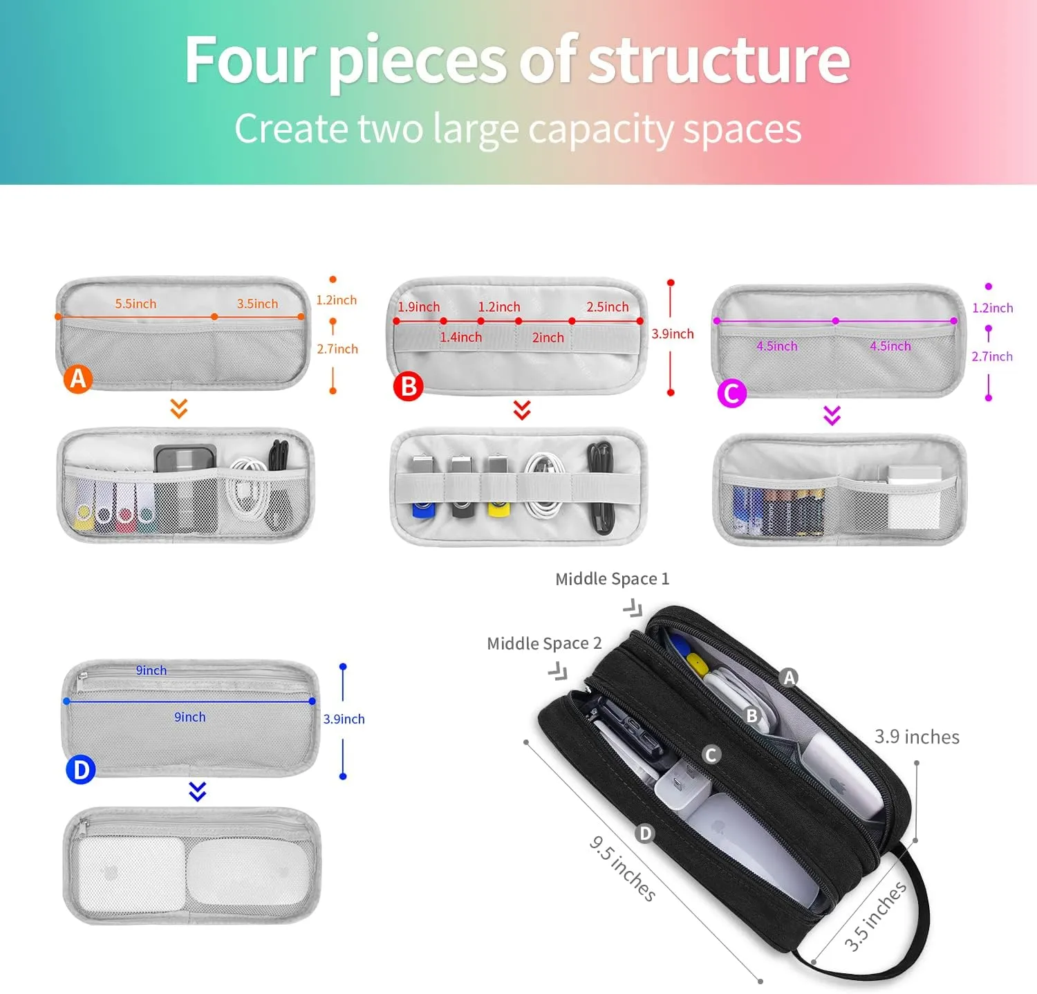 HESTECH Electronics Organizer Travel Charger Case Cord Cable Organizer Bag Portable Waterproof Double Layers All-in-one Storage for Charger Mouse Earbud USB Drive (Black, Medium)