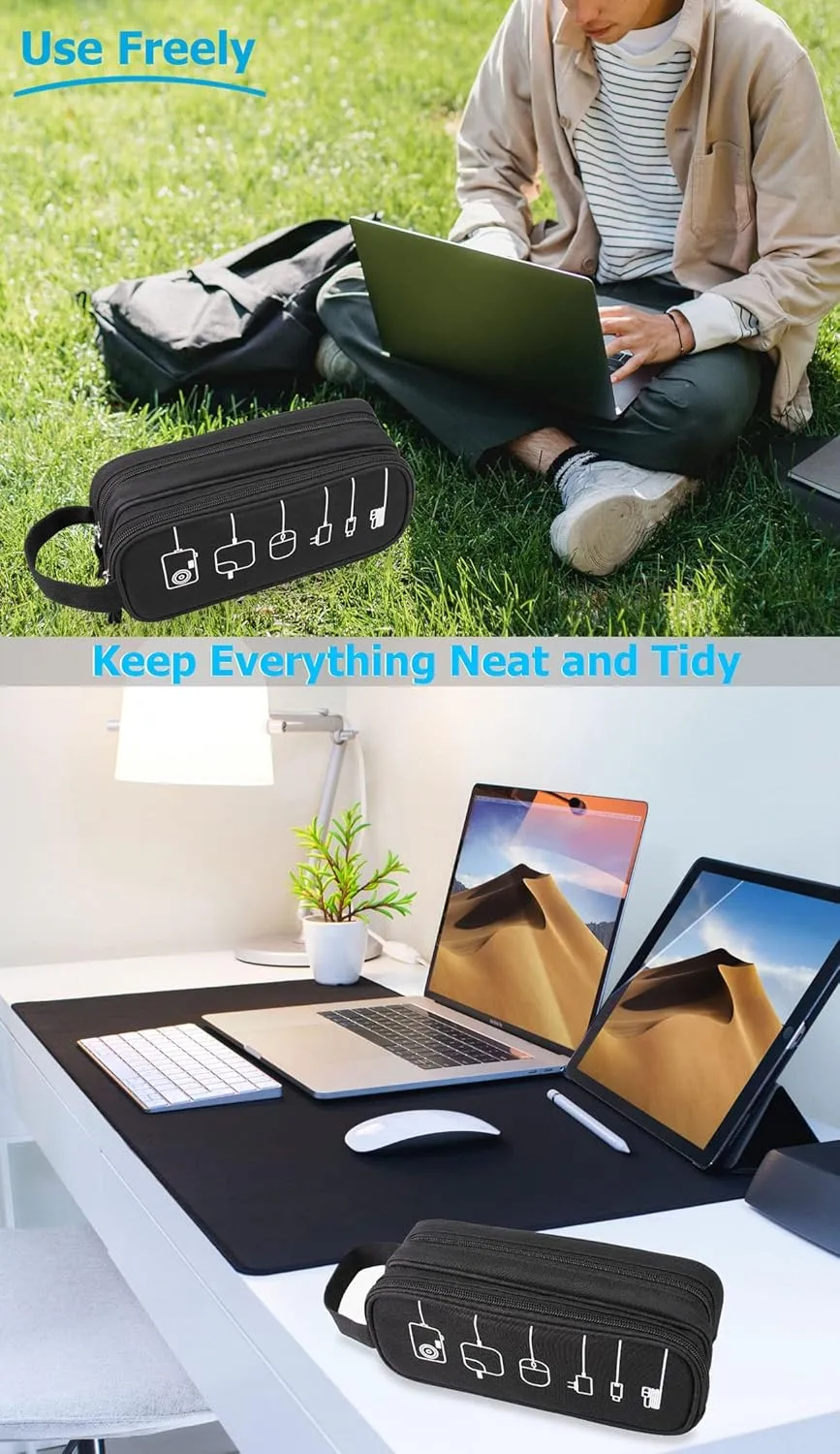 HESTECH Electronics Organizer Travel Charger Case Cord Cable Organizer Bag Portable Waterproof Double Layers All-in-one Storage for Charger Mouse Earbud USB Drive (Black, Medium)